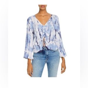 Aqua ruched tie-dye drawstring top